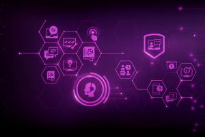 Ilustração representando serviços gerenciados de TI com equipe monitorando redes, servidores e segurança digital