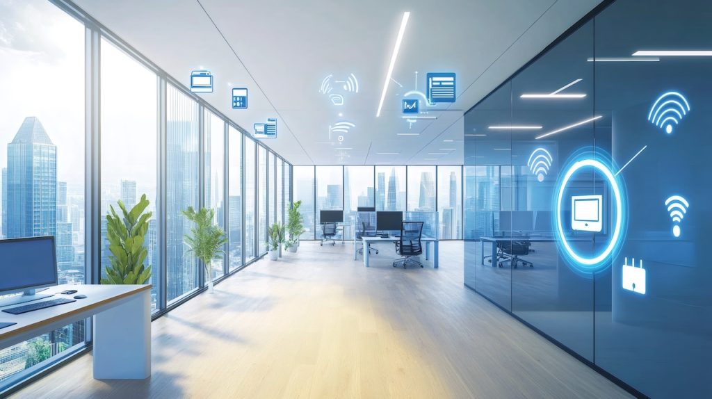 Ilustração de Wi-Fi 6 em ambiente corporativo, com dispositivos conectados, rede moderna e elementos visuais de tecnologia sem fio.
