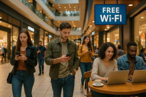 Clientes aproveitando o Wi-Fi gratuito em um shopping, conectando-se com facilidade em um ambiente seguro.
