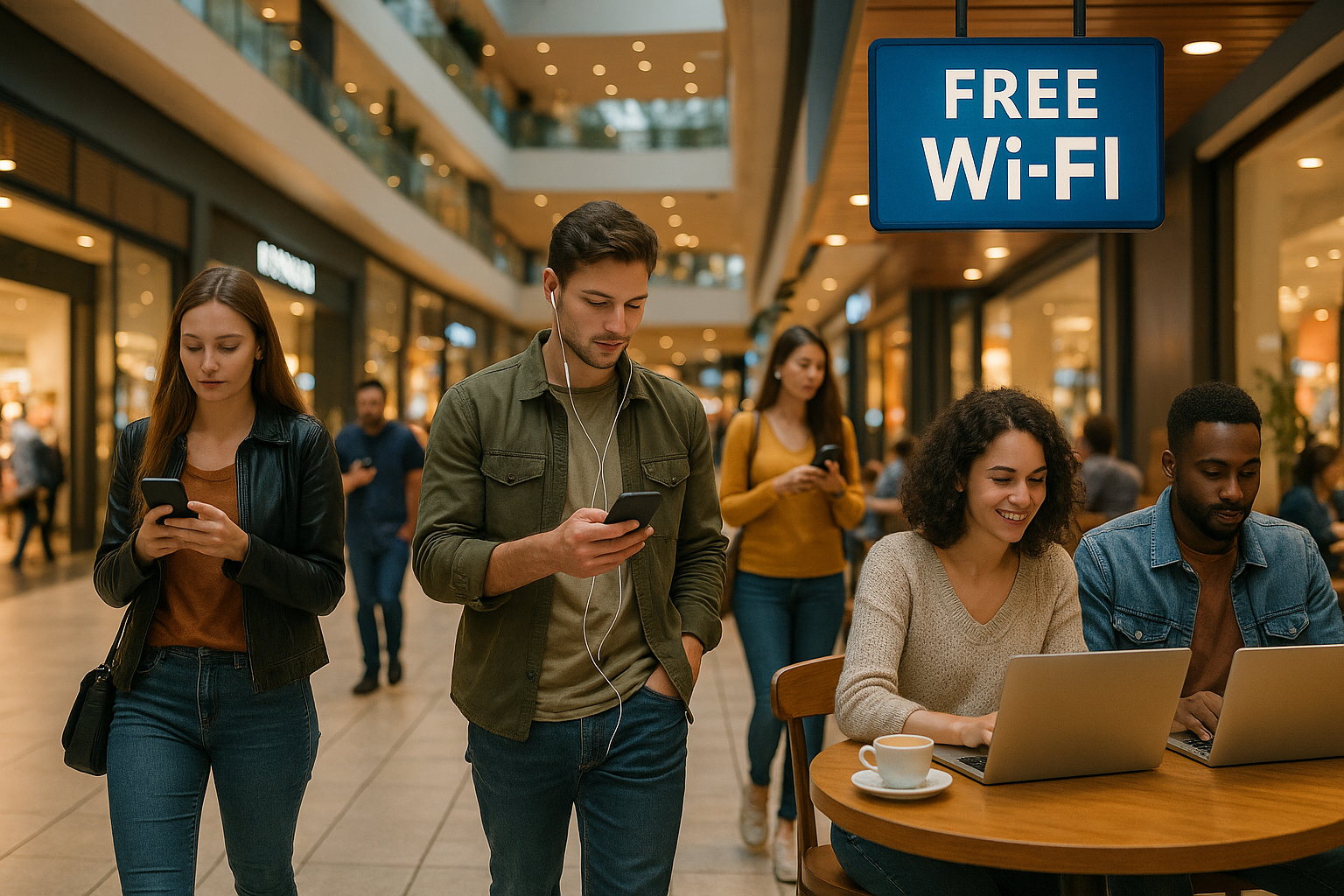 Clientes aproveitando o Wi-Fi gratuito em um shopping, conectando-se com facilidade em um ambiente seguro.